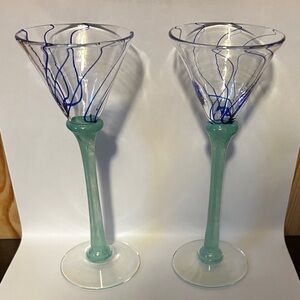 Hand Blown Studio Art Glass Cordial Glasses Aqua Stem Blue Trails 2PC Set VTG